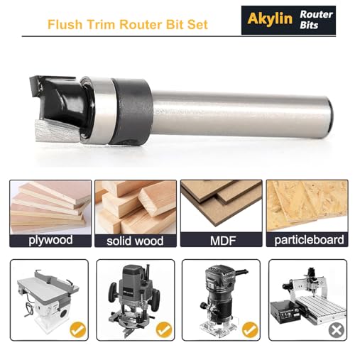 AKYLIN 4 Stück Bündigfräser 6 mm Schaft, Kopierfräser für Oberfräse, Bündigfräser mit anlaufring oben Set Holzbearbeitungs Schneidwerkzeug für Holz
