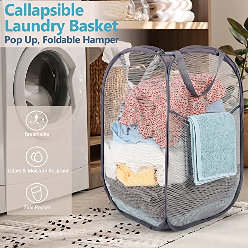 Image of BATTOO Deluxe Strong Mesh Pop up Laundry Hamper Basket with Side Pocket for Laundry Room, Bathroom, Kids Room, College Dorm or Travel 2 x Grey