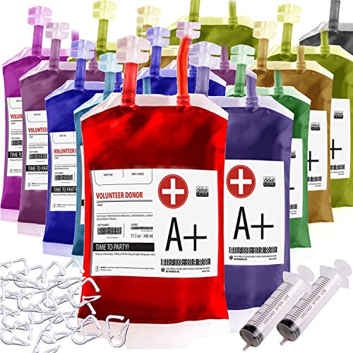 Blood Bag drinking. Set of 20 fake iv Blood Bags for Drinks, 11.5Oz, with Extra Syringe Set of 20 Labels and Clips. Drink pouches Halloween/Vampire/Zombie/Nurse Graduation/decorations Party suplies