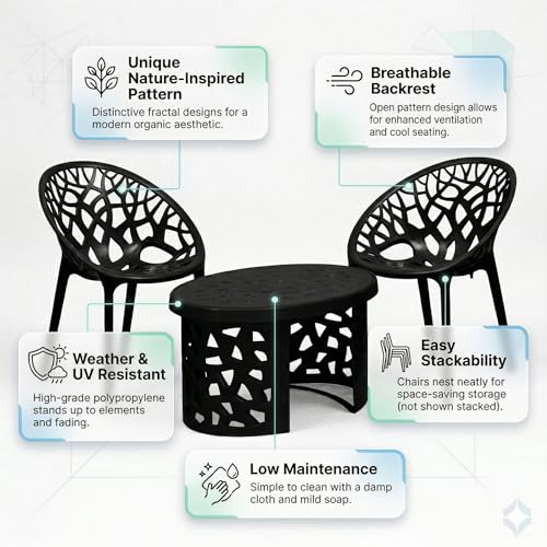 Image of Oaknest Neelakamal Crystal Plastic Chair and Table Set of 2+1 | Modern Cut-Out Design Indoor & Outdoor Furniture for Balcony, Garden, Patio, and Living Room | Iron Black