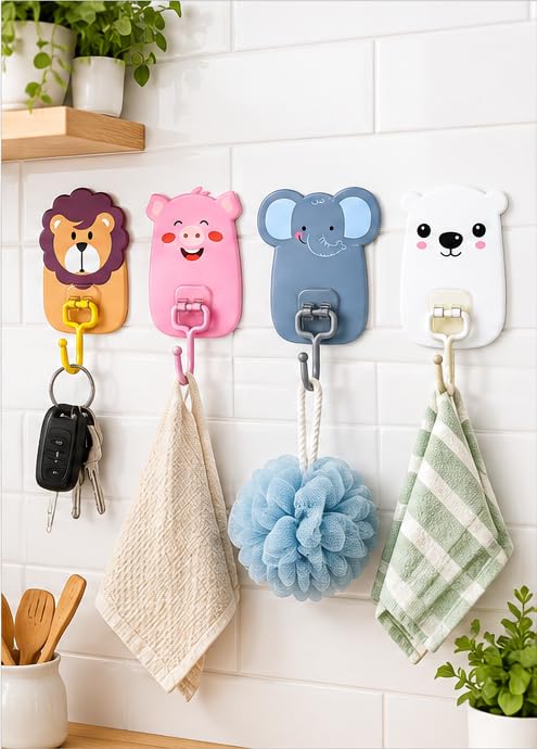 Image of Wall Mounted Cartoon Hooks 10Pc - Self-Adhesive, Cute Kid-Friendly Animal Design, Heavy Duty Multipurpose Sticky Hangers for Nursery, Kids Room, Bathroom & Kitchen