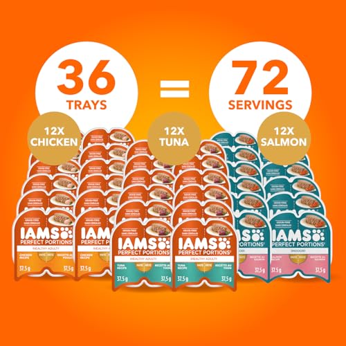 IAMS PERFECT PORTIONS Healthy Adult and Indoor Wet Cat Food Paté Chicken, Tuna and Indoor Salmon, (36) 75g Variety Pack image 8