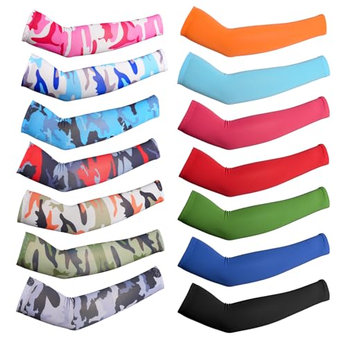 DXGSHSA 14 Pairs Sports Arm Sleeves for Kids Basketball Baseball UV Sun Protection Cooling Arm Compression Cover Boy Girl (Stylish Style, 11-14 Years)