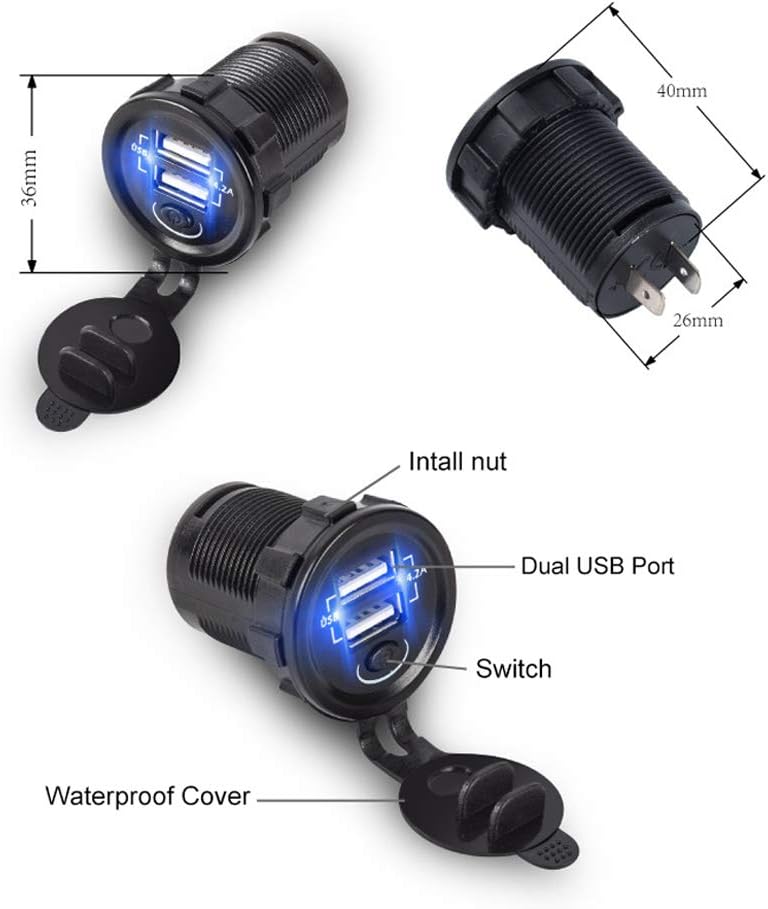 BREADEEP Dual USB Car Charger with Switch, Waterproof DC 12V Power Outlet 4.2A (2.1A & 2.1A) Quick Charger Socket for Car Boat Marine RV ATV Mobile…