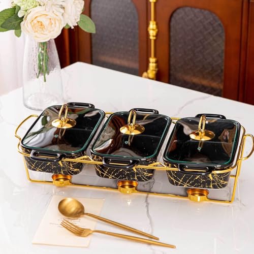 3 x 0,9 QT Keramik-Chafing Dish Buffet-Set – 3-in-1 Warmhalteschalen für Lebensmittel – Glasdeckel Chafer und Buffetwärmer Sets für Geburtstag, Hochzeit – ideal für Buffet-Service – Bild 3