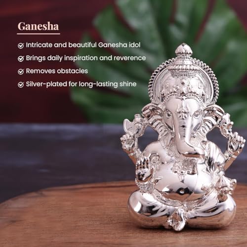 Image of Artarium 3.5 Inch Silver Plated Small Ganesha Idol Murti, Ganpati Bappa Lord Ganesh Statue for Car Dashboard, Home Decor, Puja Room, Spiritual Gift & Decorative