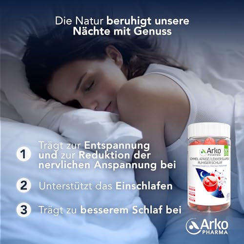 ARKOPHARMA - Arkogummies Ruhiger Schlaf - Zuckerfreie Weichgummis - Klatschmohn hilft beim Einschlafen - Ab 6 Jahren - Für Veganer geeignet - Himbeergeschmack - 60 Weichgummis