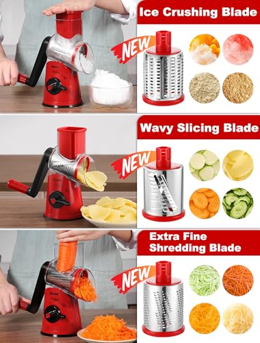 Image of Geedel Rotary Cheese Grater Vegetable Shredder With 6 Interchangeable Blades No Slip Suction Base, Mandoline Slicer & Food Chopper for Cheese, Ice, Nuts, Vegetables, Veggie