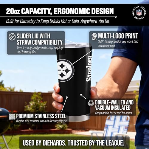 Image of Pittsburgh Steelers NFL 20oz Stainless Steel Insulated Tumbler, Slider Lid | Officially licensed Steelers drinkware; double-wall vacuum construction; cupholder compatible; BPA-free; hand wash only
