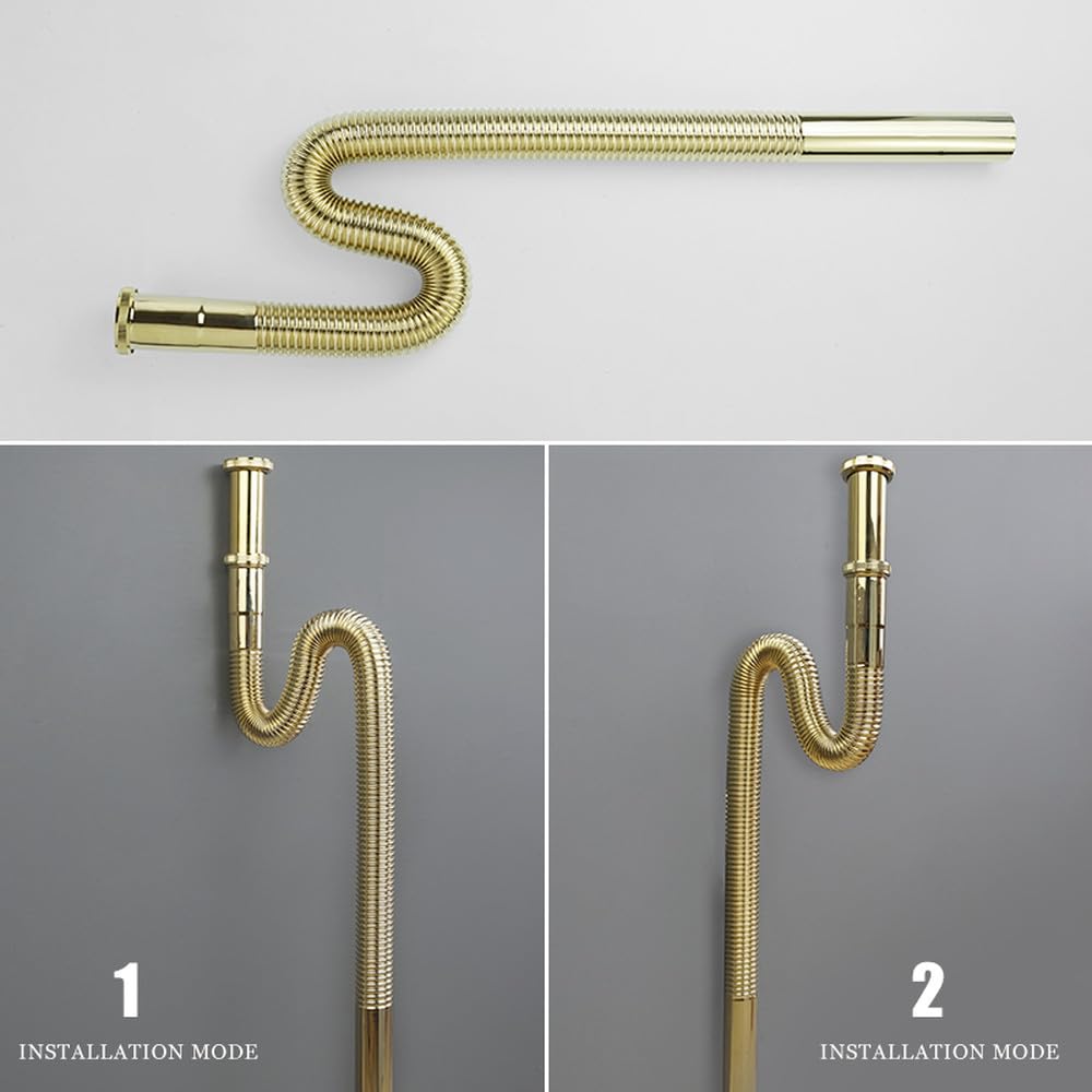 Robinetterie de Cuisine et Salle de Bain Durable, plomberie, Tuyau d'évier chromé, bonde escamotable avec ou sans Trou de trop-Plein, Tuyau d'évacuation doré Uniquement
