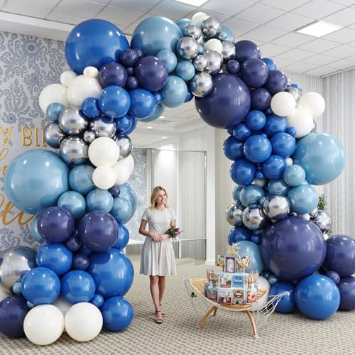Image of 412Pcs Blue Balloon Arch Kit,5 10 12 18 inch Blue Balloon Garland with Metallic Dark Blue Silver Balloons for Baby Shower Graduation Birthday Wedding Party Decorations