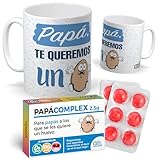 mundohuevo Regalo Divertido Dia del Padre | Taza Papa TE Queremos UN Huevo y Caramelos de Broma PAPACOMPLEX en Blister | 12 Caramelos sin azúcar Sabor Cereza + Taza Original | Taza Papá 350 ml.