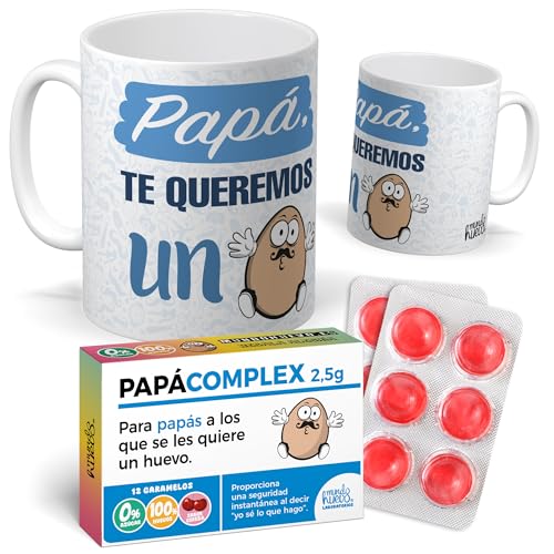 mundohuevo Regalo Divertido Dia del Padre | Taza Papa TE Queremos UN Huevo y Caramelos de Broma PAPACOMPLEX en Blister | 12 Caramelos sin azúcar Sabor Cereza + Taza Original | Taza Papá 350 ml.