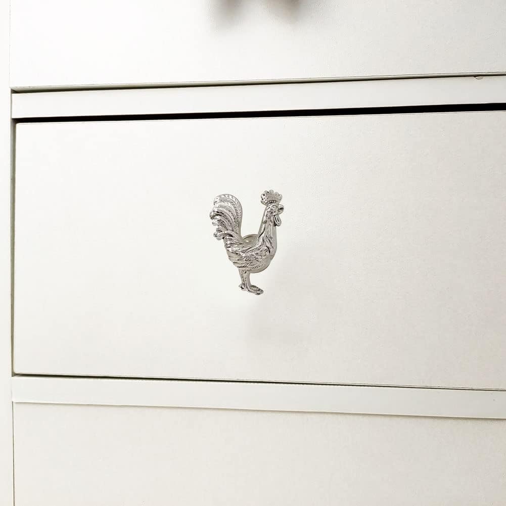 Chicken Knobs, Rooster Knobs for Cabinet and Drawers, Decorative Gold Zinc Metal Rooster Shaped Knob Pull Handle for Kitchen Cupboard Closet Dresser Hardware Furniture Handles 4pcs (Silver)