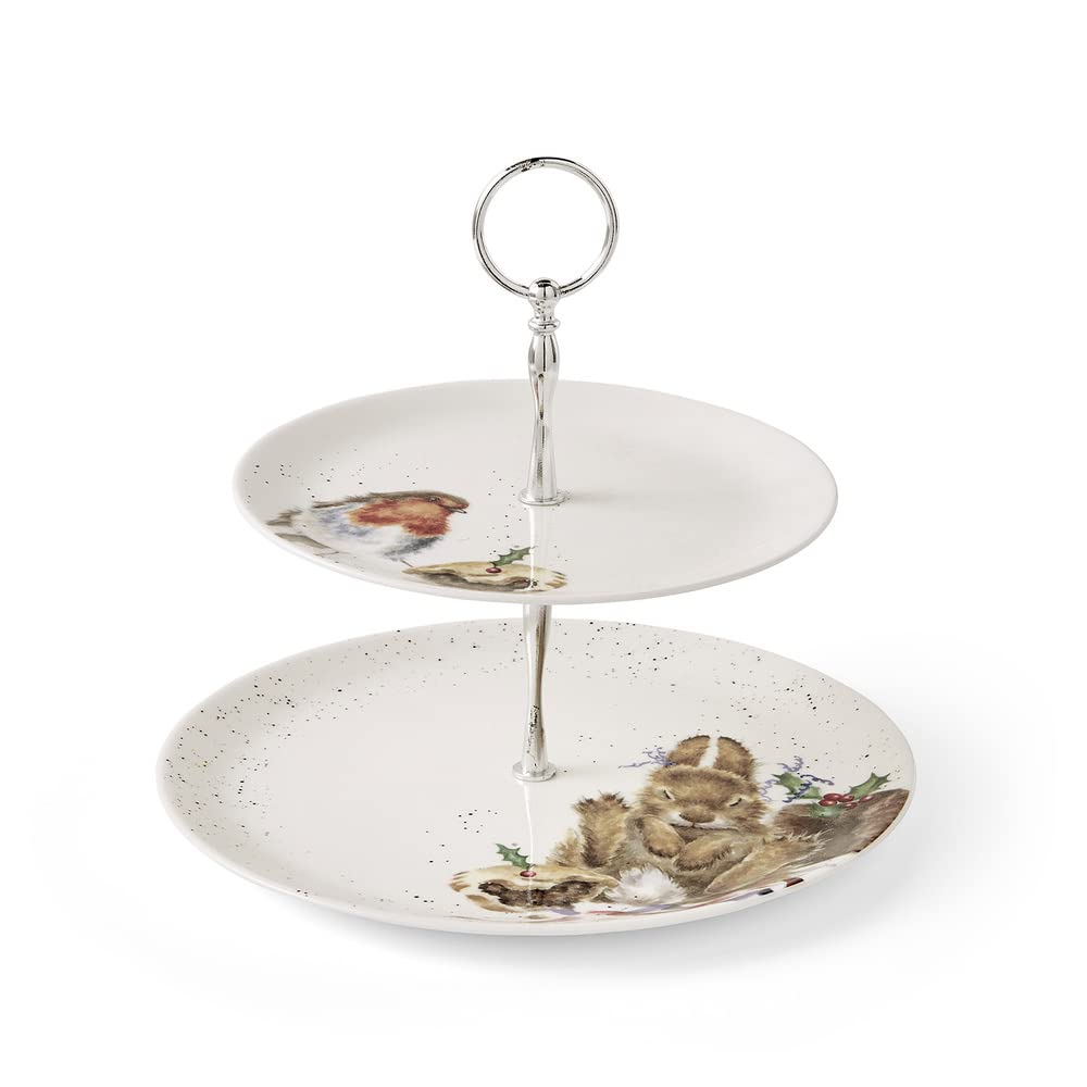 Wrendale Designs Royal Worcester Wrendale Deigns Présentoir à gâteaux Festif à Deux étages Motif Rouge-Gorge et Lapin Blanc