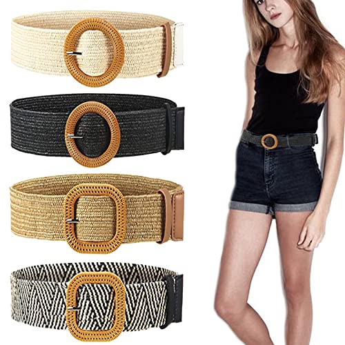 Eterspr 4 Piezas Cinturón de Vestir Tejido, Cinturón Elástico Trenzado con Hebilla de Madera, Cinturón de Paja Trenzado para Mujeres y Niñas en la Playa