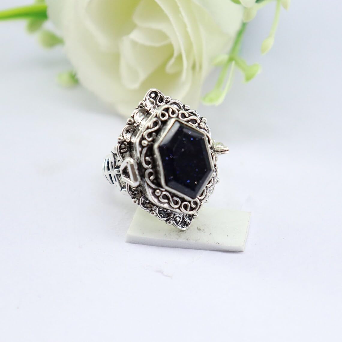 Blue sand stone Poison Ring,925 sterling Silver poison Ring,Skeleton Ring,Compartment Poison Box Ring,Handmade locket ring Ring,Gift for Her