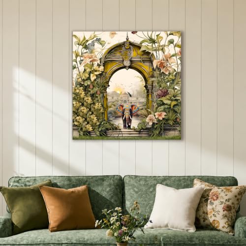 Image of PAINTINGMANTRA Stretched Canvas Painting Mughal Garden with Elephant Modern Wall for Home Decor, Living Room, Wall Decoration Paintings (Green, Size: 22x22 Inch)
