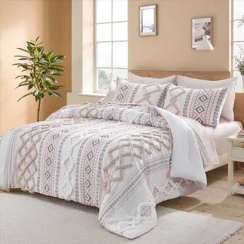 Image of MOVE OVER Beige Tufted Comforter Set Queen Size 7 Pieces Farmhouse Bedding Set Boho Aztec Comforter Set and Sheet Set Mid Century Boho Tufted Comforter Set for All Seasons