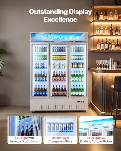Image of VEVOR Commercial Merchandiser Refrigerator, 36.4 Cu.Ft / 1030L Upright Beverage Cooler, 3 Glass Door Display Refrigerator with Customizable Lightbox, 12 Adjustable Shelves, Soft LED Lighting & Casters