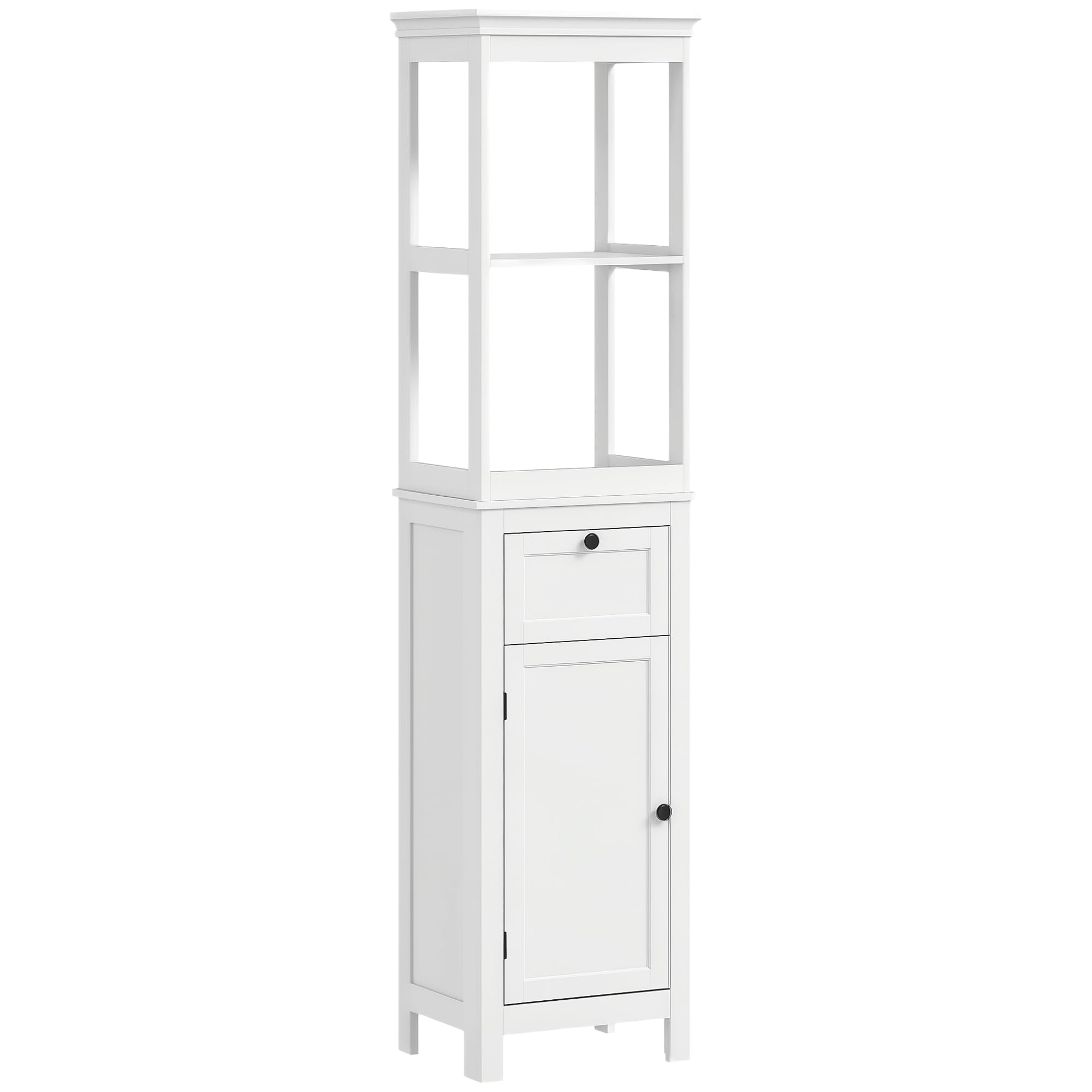 HOMCOM Columna de Baño Armario de Baño 40x30x165 cm con Cajón Puerta Estante Ajustable y 2 Compartimientos Estilo Moderno Blanco