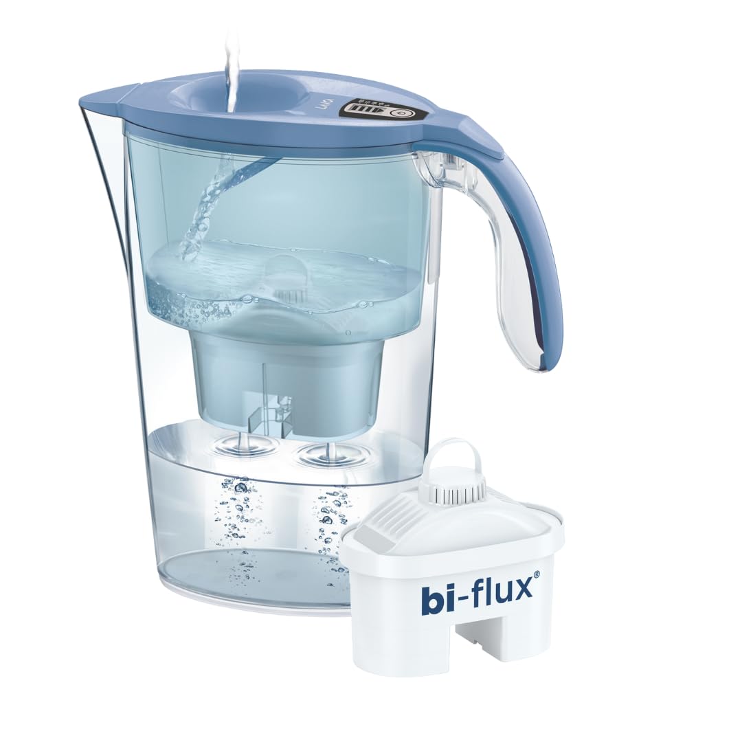LAICA Stream Line Caraffa Filtrante - 2,3L - Blu - Timer Digitale - 1 Filtro bi-flux Incluso, Preserva i Sali Minerali Utili all'Organismo e Riduce Cloro e Metalli Pesanti - Made in Italy