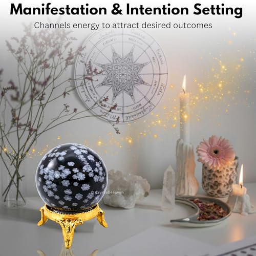Image of Certified Snowflake Obsidian Crystal Ball for Meditation - Premium Crystal Vastu Items for Home and Feng Shui Items for Good Luck - Ideal for Pooja Supplies and Spiritual Practices (1.5 inch Inch)