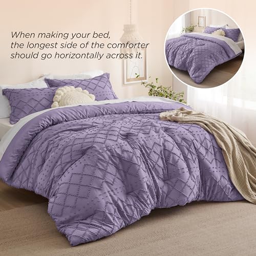 Image of Bedsure King Comforter Set - Grayish Purple Comforter, Boho Tufted Distressed Vintage Bedding for Kids, 3 Pieces Farmhouse-Style Bed Set for All Seasons, Fluffy Soft Bedding with 2 Pillow Shams