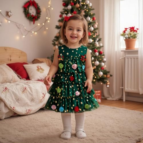 Toddler Baby Girl Christmas Dress Outfit Shiny Star Bell Sleeveless Layered Tulle Tutu A-line Dress Princess Clothes2