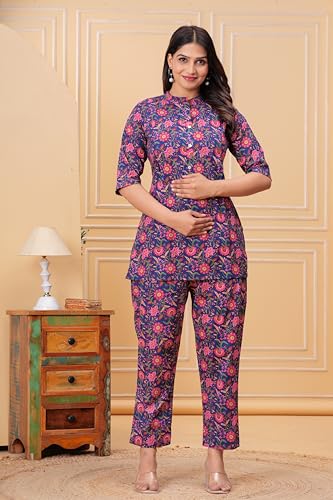 Image of Women Cotton Printed Co-Ord Set Kurta with Pant Set | Cotton Floral Printed Anarkali Maternity Feeding Kurta with Zipper /Maternity