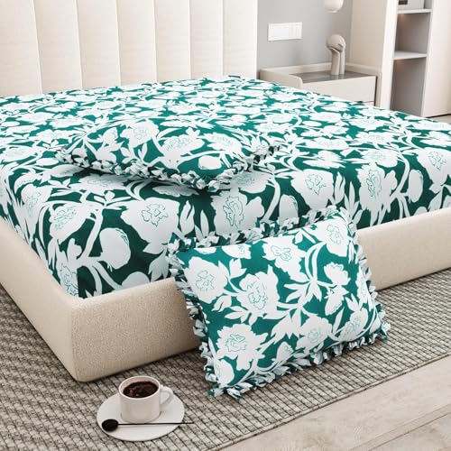 Image of 380 TC Premium Glace Cotton Elastic Fitted Bedsheet King Size with 2 Pillow Covers King Size | Double Bed with All Around Elastic (GreenWhite), Fitted - 72 inchx78 inch King
