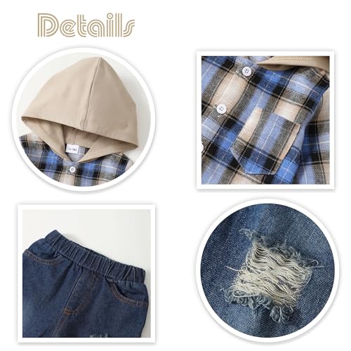 Image of Renotemy Toddler Baby Boy Clothes Denim Outfits Infant Hooded Sweatshirt Jeans Pants Little Boys Clothing