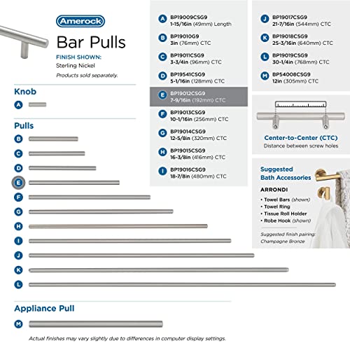 Image of Amerock 7-9 /16 inch Bar Pulls Sterling Nickel Drawer Pull | 7-9 /16 inch (192mm) Center-to-Center Mounting Distance and 9-15 /16 inch Overall Length, Durable Carbon Steel Cabinet Hardware
