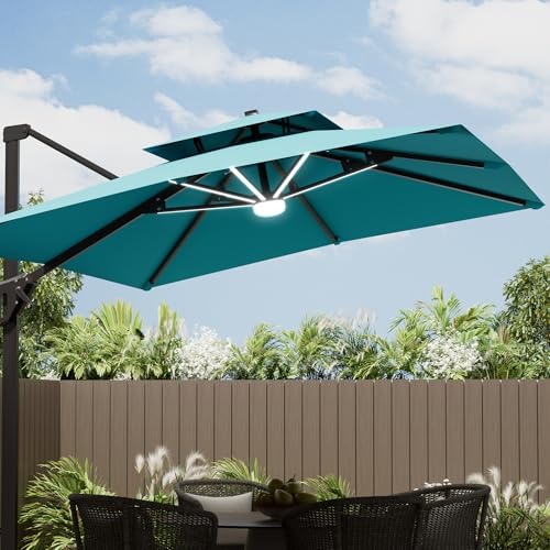 Image of Deconk 10' X 13' Patio Umbrella with LED Lights Outdoor Cantilever Large Rectangle Offset Umbrellas Heavy Duty Aluminum Double