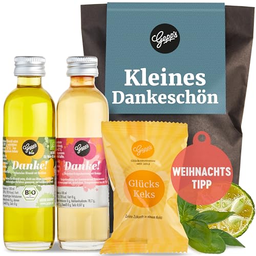 Gepp's Feinkost Wundertüte "Danke" I kleines Dankeschön Geschenk mit Basilikum-Olivenöl, Essigspezialität Kalamansi und Amaretti I Geschenkset zum Danke sagen - Weihnachts-Geschenk