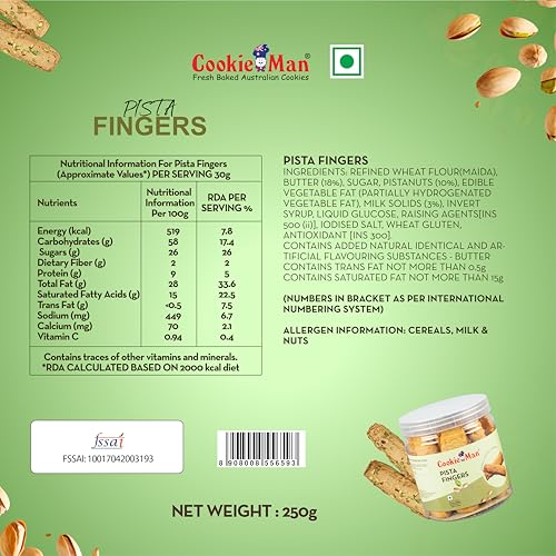 Image of CookieMan Pista Biscuit Fingers - 250g | Eggless Gourmet Pistachio Cookies, Crispy & Buttery | Perfect Tea-Time & Coffee Snack, Ideal for Gifting & Anytime Indulgence