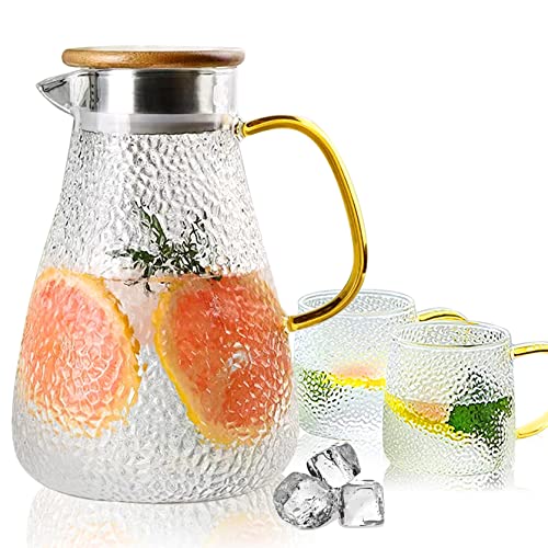 Glass Pitcher With Lid and 2 Cups, 0.52 Gal Water Carafe With Handle, Teapot Set Gift for Hot/Cold...
