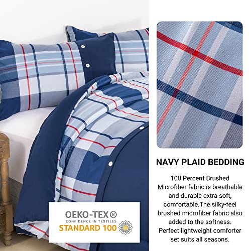 Rosecret Queen Size Yarn-Dyed Plaid Comforter Set With Unique Splicing And Button,3Pcs Soft Microfiber Bedding Set Including 1 Comforter And 2 Pillowshams(Blue&Twill) #TOP4