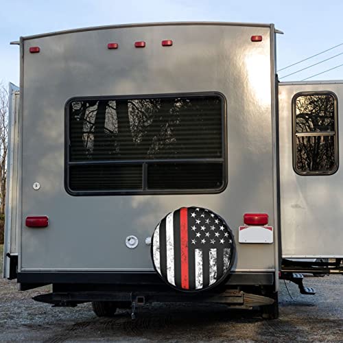 Image of USA Patriotic Firefighter Thin Red Line Flag Spare Tire Cover Dust-Proof Wheel Tire Cover Fit Trailer, RV, SUV and Many Vehicle 15 Inch