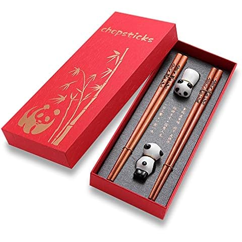 Efaithtek Cute Panda Chopsticks and Chopstick Rest Gift Set, Reusable Wooden Chopsticks Set with Ceramic Chopsticks Holder and Red Gift Case for Wedding, Anniversary, Birthday Presents (2 Pairs) Cover