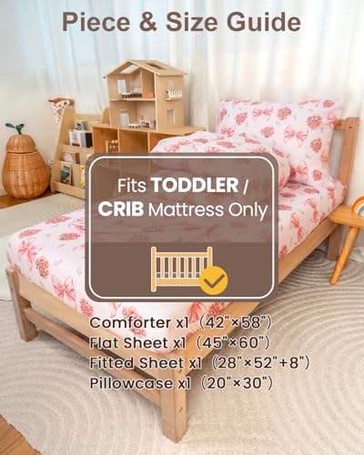 Image of TinyPalsa 4-Piece Toddler Bedding Set, Toddler Bed Comforter Set for Girls | Includes Comforter, Fitted Sheet, Flat Sheet & Pillowcase, , Pink Bow