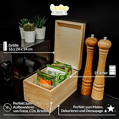 Creative Deco Aufbewahrungsbox aus Holz für CDs und DVDs | 16 x 24 x 14 cm | 3 Fächer | mit Deckel und ohne Griffe | nicht bemalt und nicht bemalt | Aufbewahrungsbox für Büro, Truhe Weihnachten