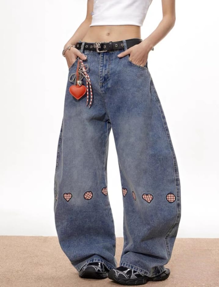Y2k Vintage Kawaii Plaid Heart Embroidery Wide Leg Jeans Hiphop Streetwear Preppy Cutecore Loose Fit Casual Denim Pants2