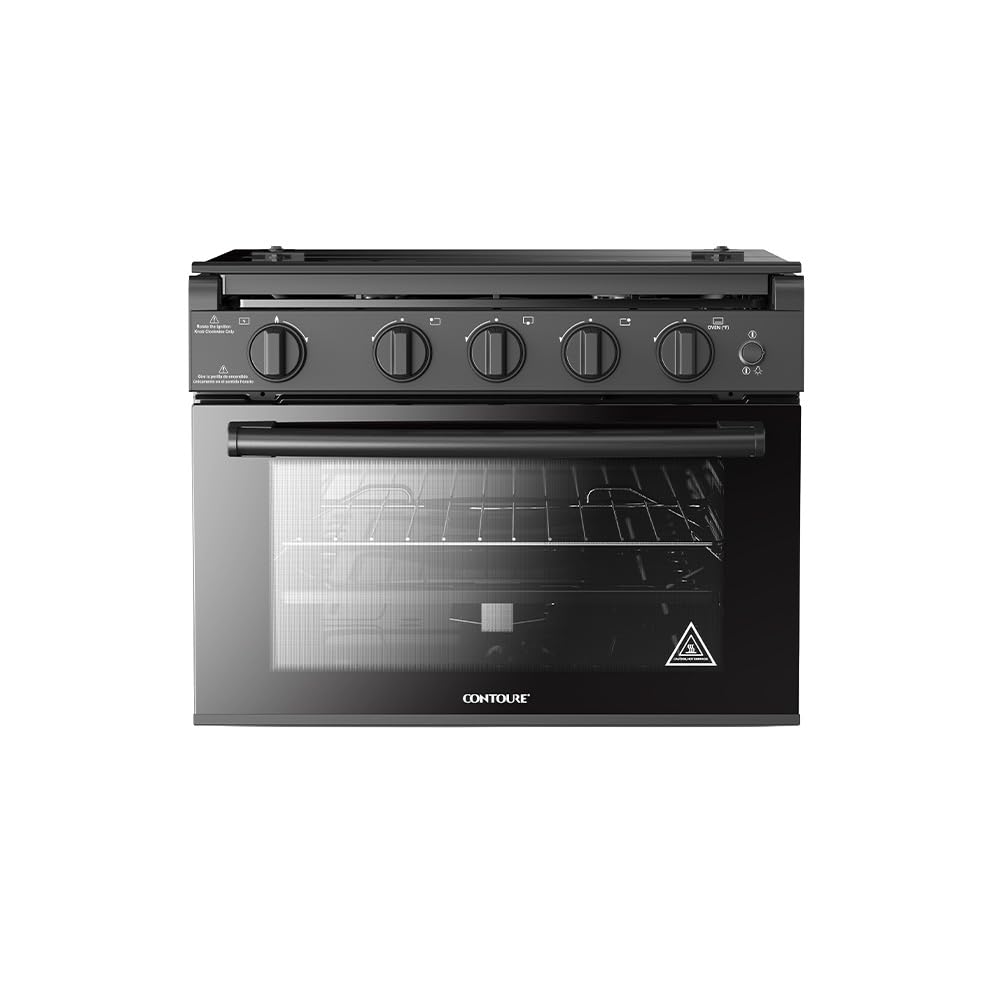 CONTOURE RAPIDCOOK 17” RV Gas Range with Oven – 3 Burner Propane Stove, Flame Failure Safety, 8,300 BTU Burner, 35L Oven, Glass Cover, LED Knobs – Black (AA-17BK)