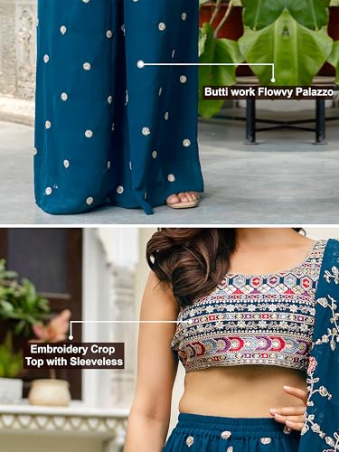 Image of TRENDMALLS Women's Georgette Embroidery Sequence Work Crop Top with Flared Palazzo and Shrug Set Ethnic Salwar Set