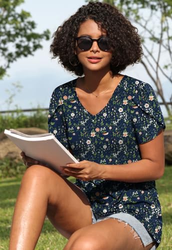 Image of CATHY 2026 Women Tops Summer Short Sleeve Tunic V Neck T-Shirts Loose Casual Floral Blouse S-4XL