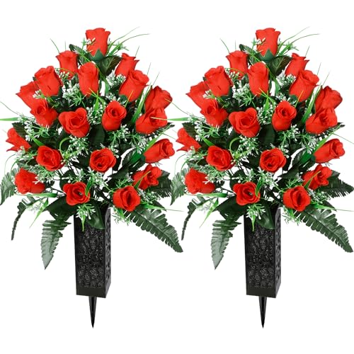 SIFOEL 2 Piezas de Flores Artificiales Cementerio con florero, Rosa Artificial Tumba Flores conmemorativas para la decoración de la lápida del Cementerio (Red-24T)