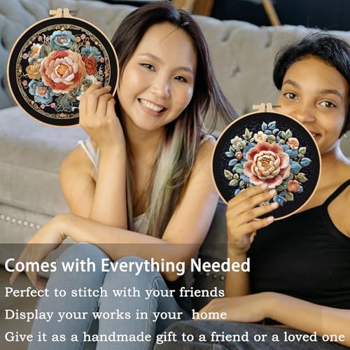 Image of FONNUY Floral Embroidery Kit, Cross Stitch Kits for Beginners, Handmade Crafts with Printed Patterns for Beginner Adults, Easy to Follow Color Thread Needlework, 8'' Hoop (Vibrant Flowers)