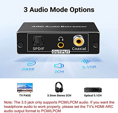 Image of Etzin HDMI ARC Audio Extractor, 192KHz HDMI Adapter Support Only ARC TV to Digital SPDIF + Coaxial + Analog 3.5mm Stereo Audio Converter for Soundbar Speaker Amplifier Headset-EPL-901H.