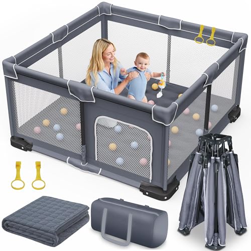 Image of Jixrolyn Foldable Baby Playpen with Mat, 50"x50" Folding Playpen for Babies and Toddlers, Sturdy Safety Play Yard with Gate, Portable Kid's Play Pen with Bag